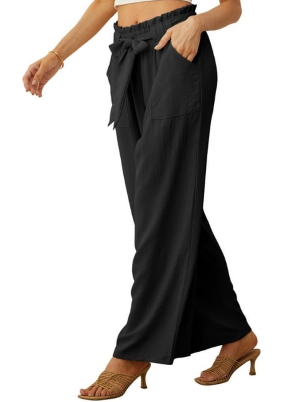 JWD Women's Wide Leg Pants with Pockets High Waist Adjustabl Black Large